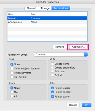 add permissions to calendar in outlook 2016 for mac
